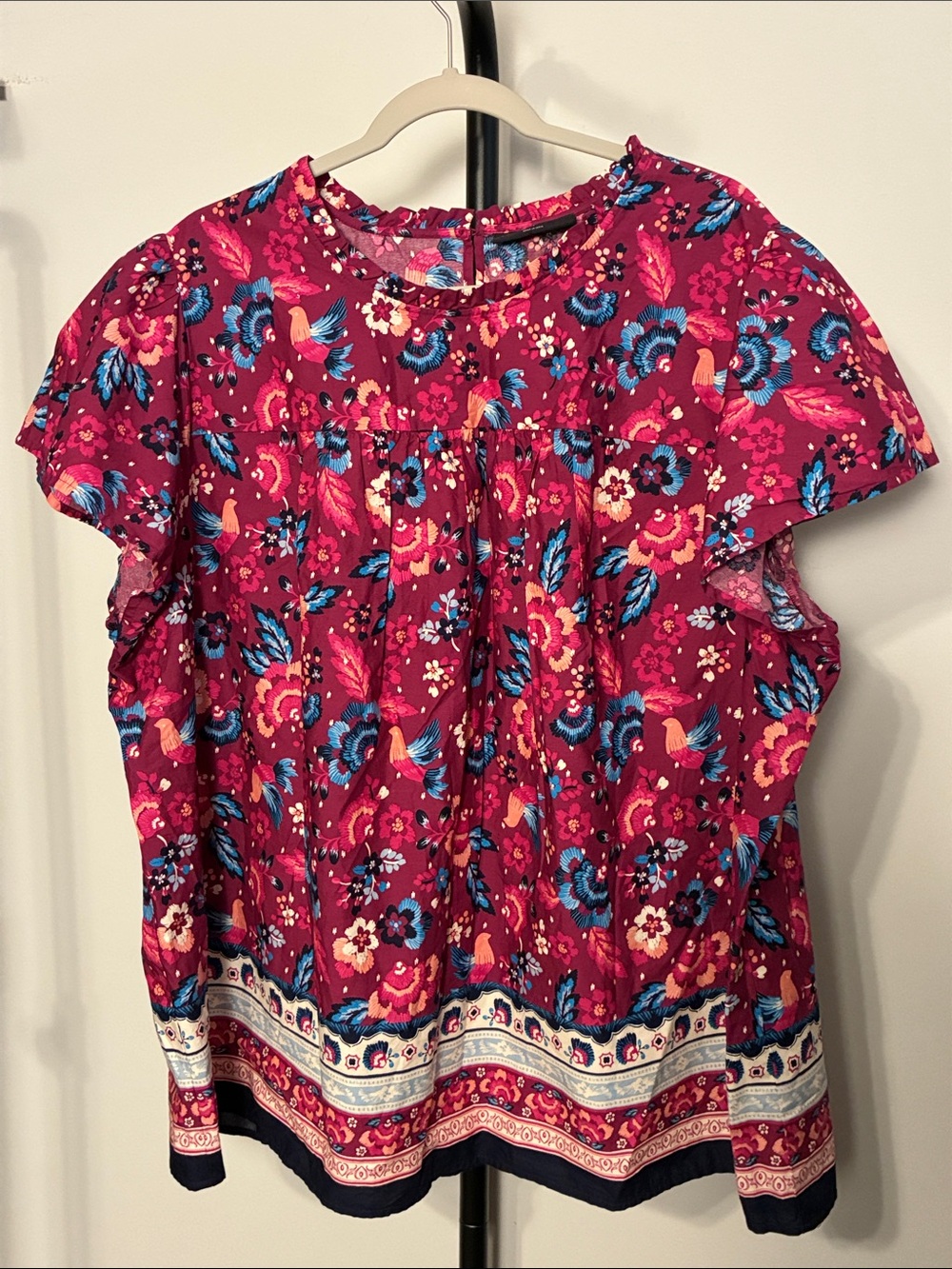 New! Lane Bryant Pink Purple BlueFloral Bird Print Boho Cotton Top Size 22 NWT